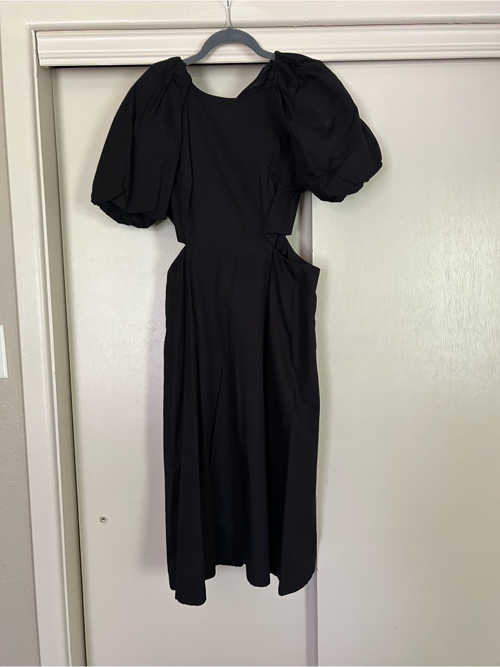 Anthropologie Black Puff-Sleeve Cutout Midi Dress